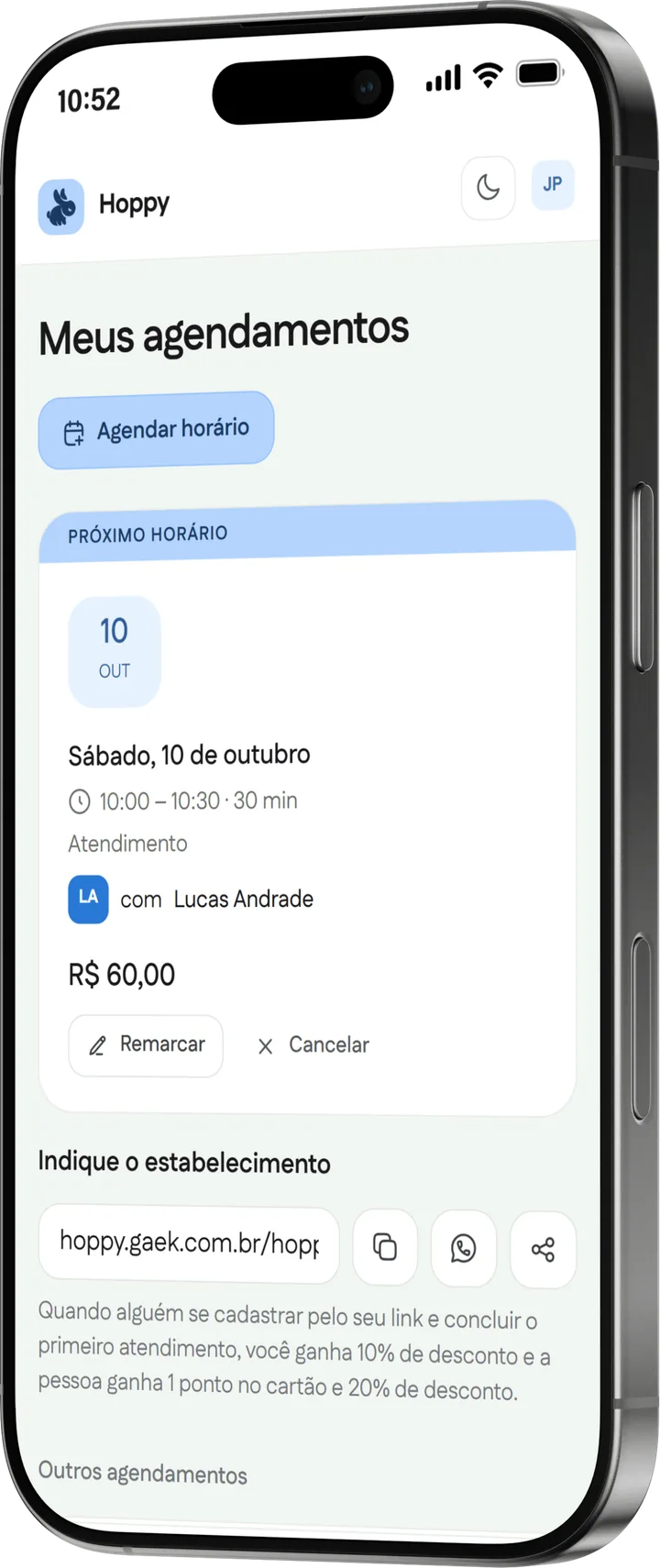 Tela inicial do cliente no Hoppy, com o próximo horário marcado